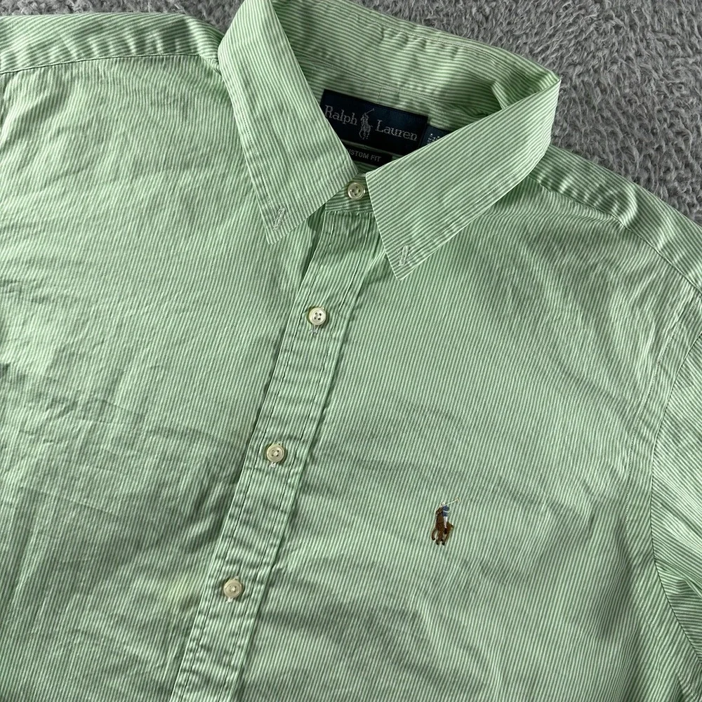 VINTAGE Polo Ralph Lauren Shirt Mens 17 1/2 Custom Fit Green Stripe Button Down‎